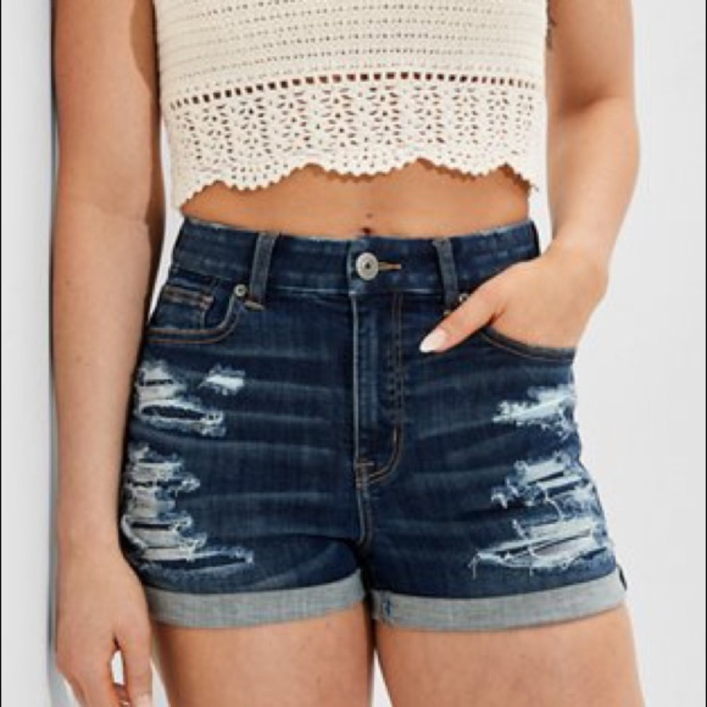 AE | Dark Wash Hi-Rise Shortie Distressed Shorts